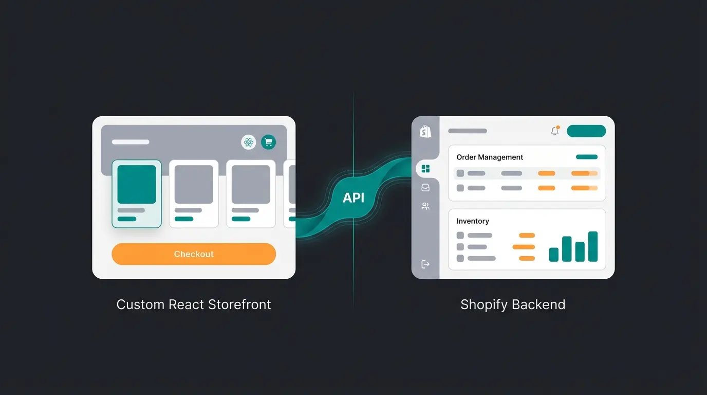 Headless commerce architecture with custom frontend connected to Shopify backend via the Storefront API