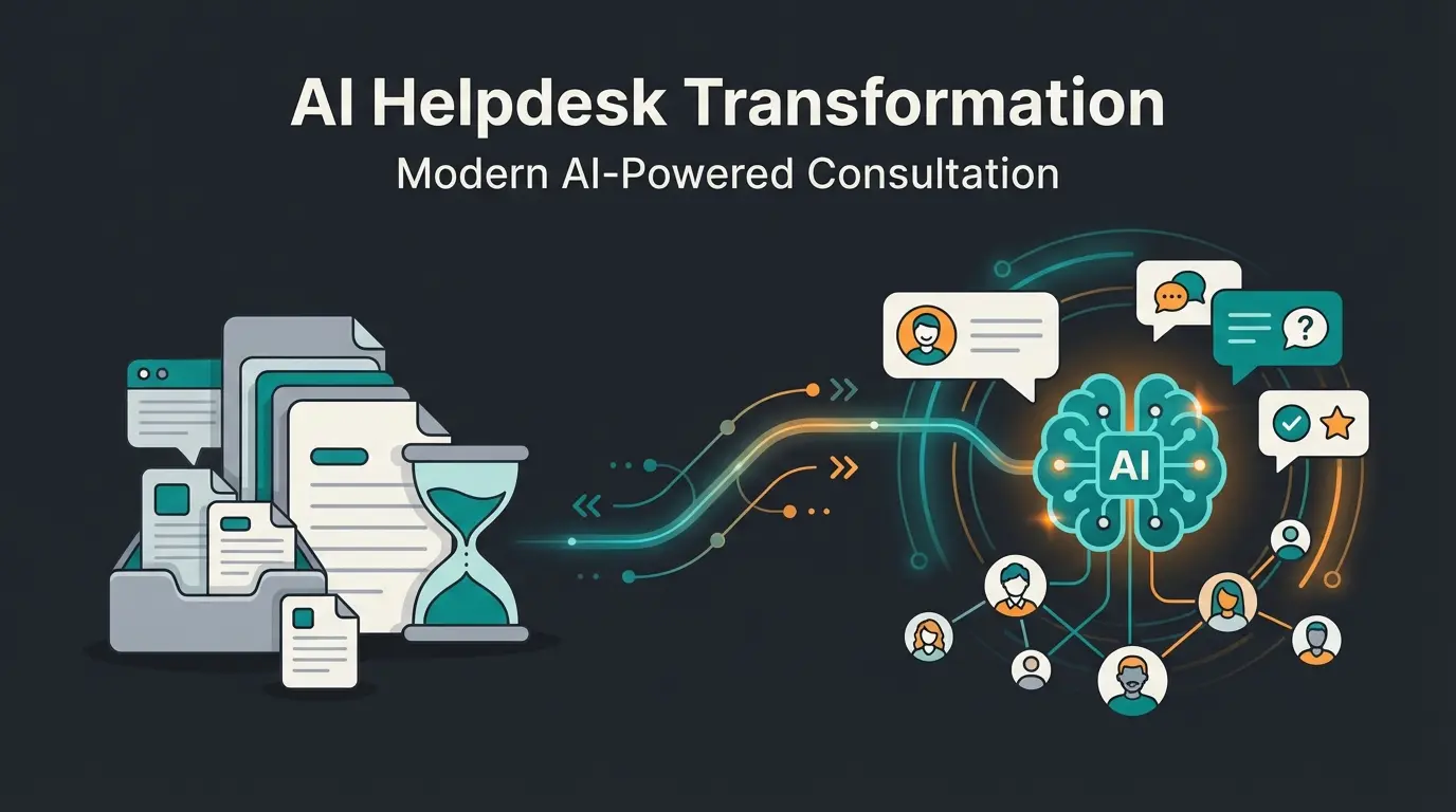 Modern helpdesk concept illustration showing the evolution from traditional ticket support to AI-powered customer consultation