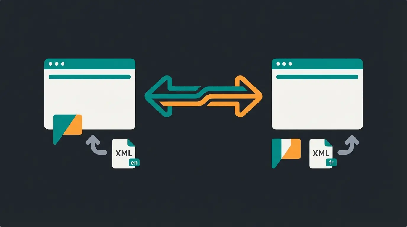 Diagram showing multilingual sitemap structure with Hreflang connections between DE and EN domains
