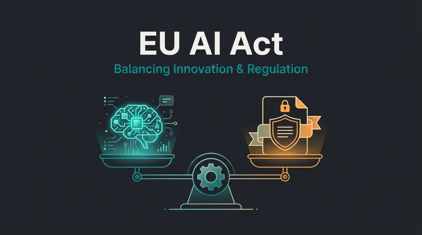 Illustration eines Compliance-Schildes und eines KI-Roboters in einer abstrakten Büroumgebung