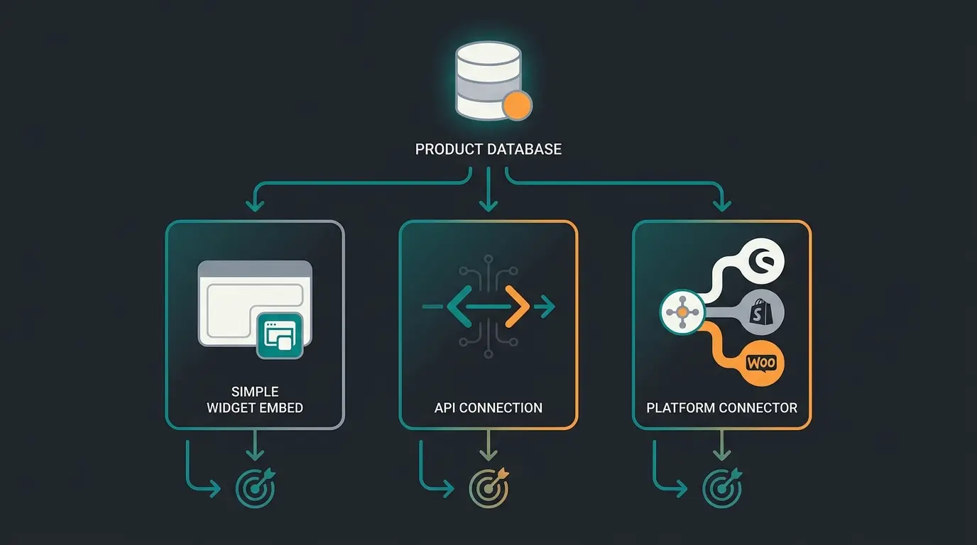 Comparison of chatbot integration approaches: widget embed, API integration, and platform connectors for e-commerce