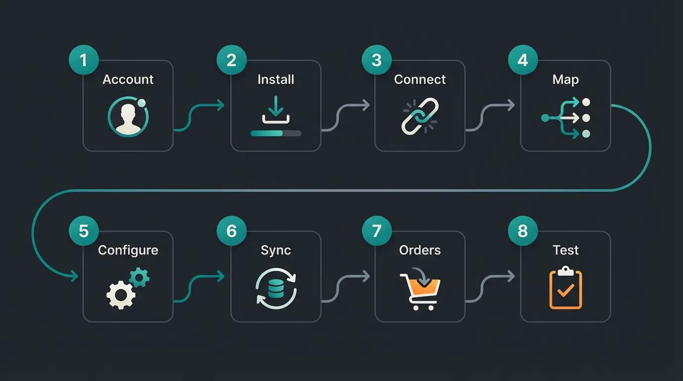 Step-by-step Shopify Amazon integration setup workflow showing 8 configuration steps