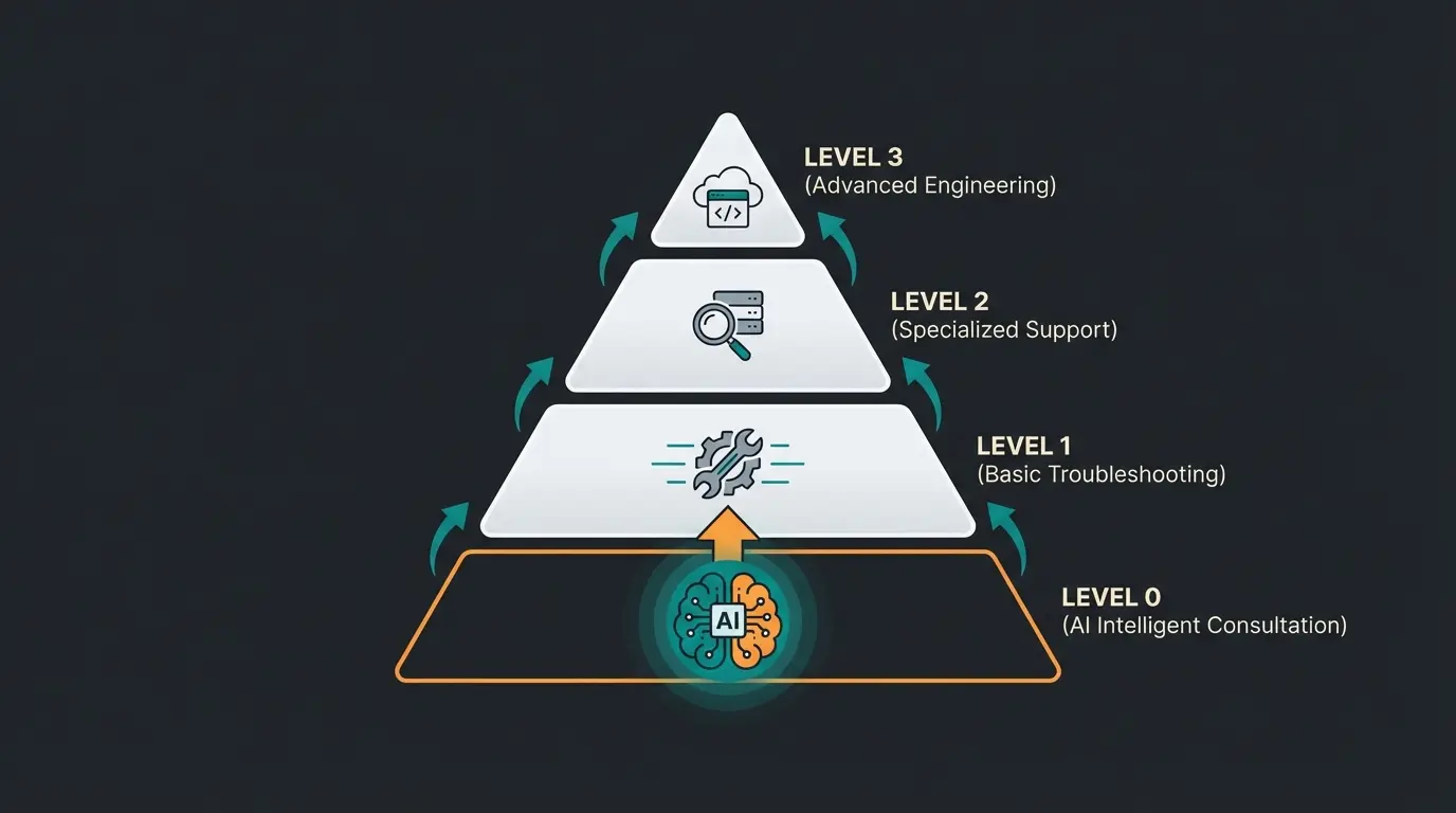 IT Support Levels inklusive AI Product Consultation als Pyramiden-Infografik