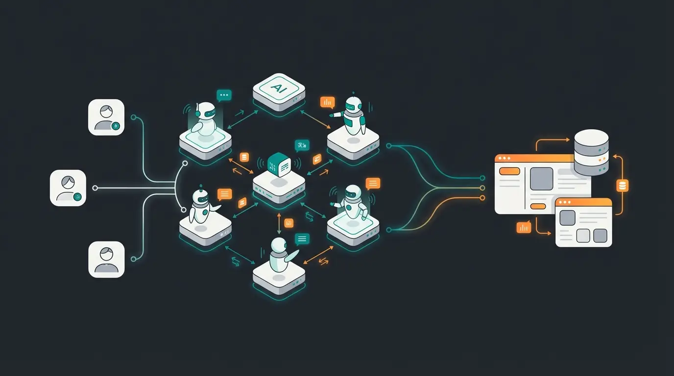 Visualization of Agentic Commerce with AI agents communicating between customer and shop systems