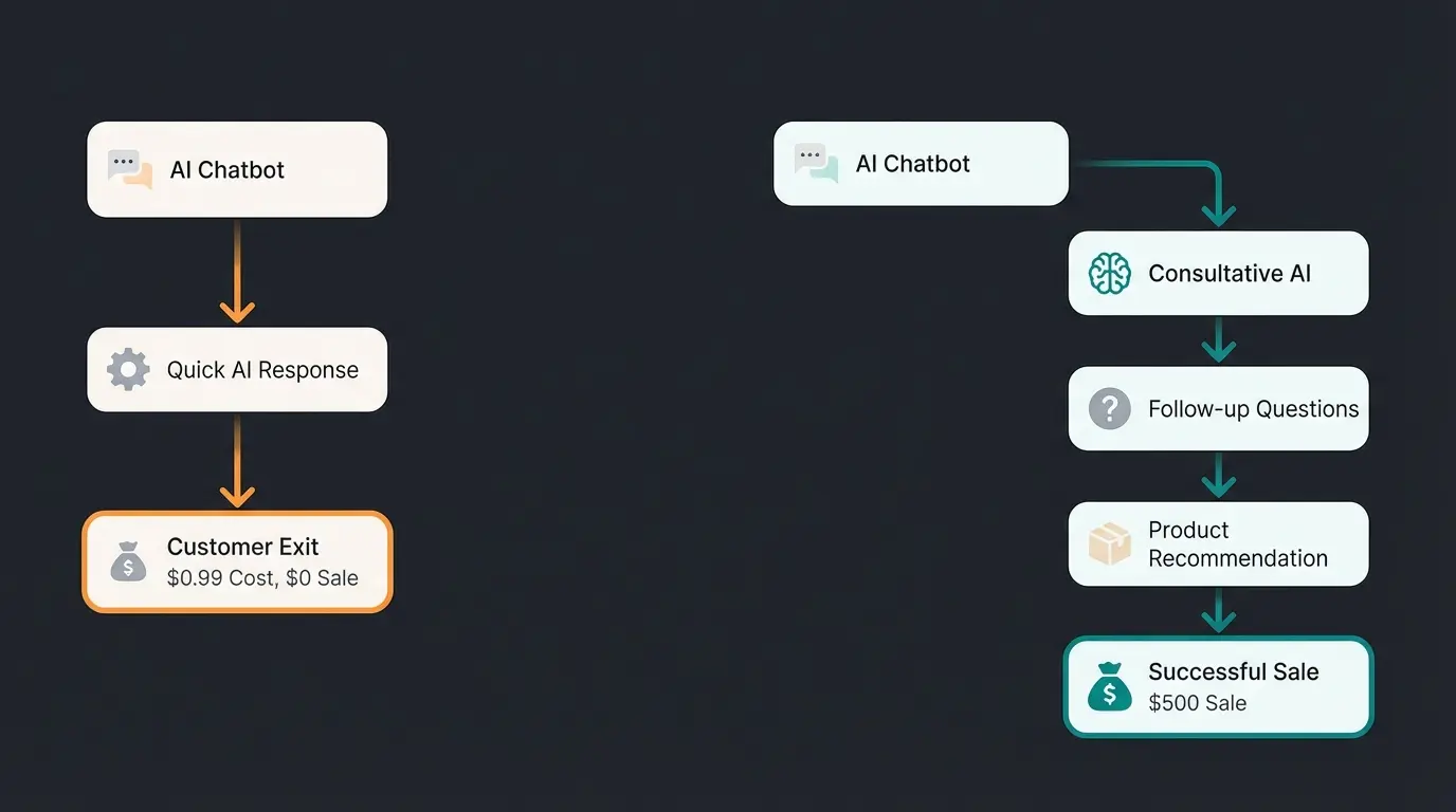 Flowchart comparing Intercom resolution path versus consultative AI conversation path showing cost and revenue outcomes