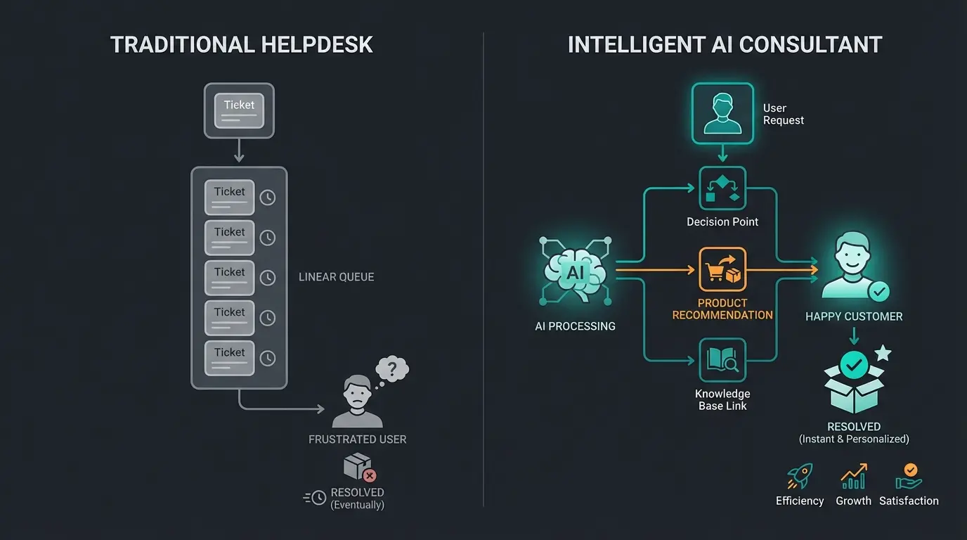 Comparison of traditional ticket systems versus AI-powered product consultation approach