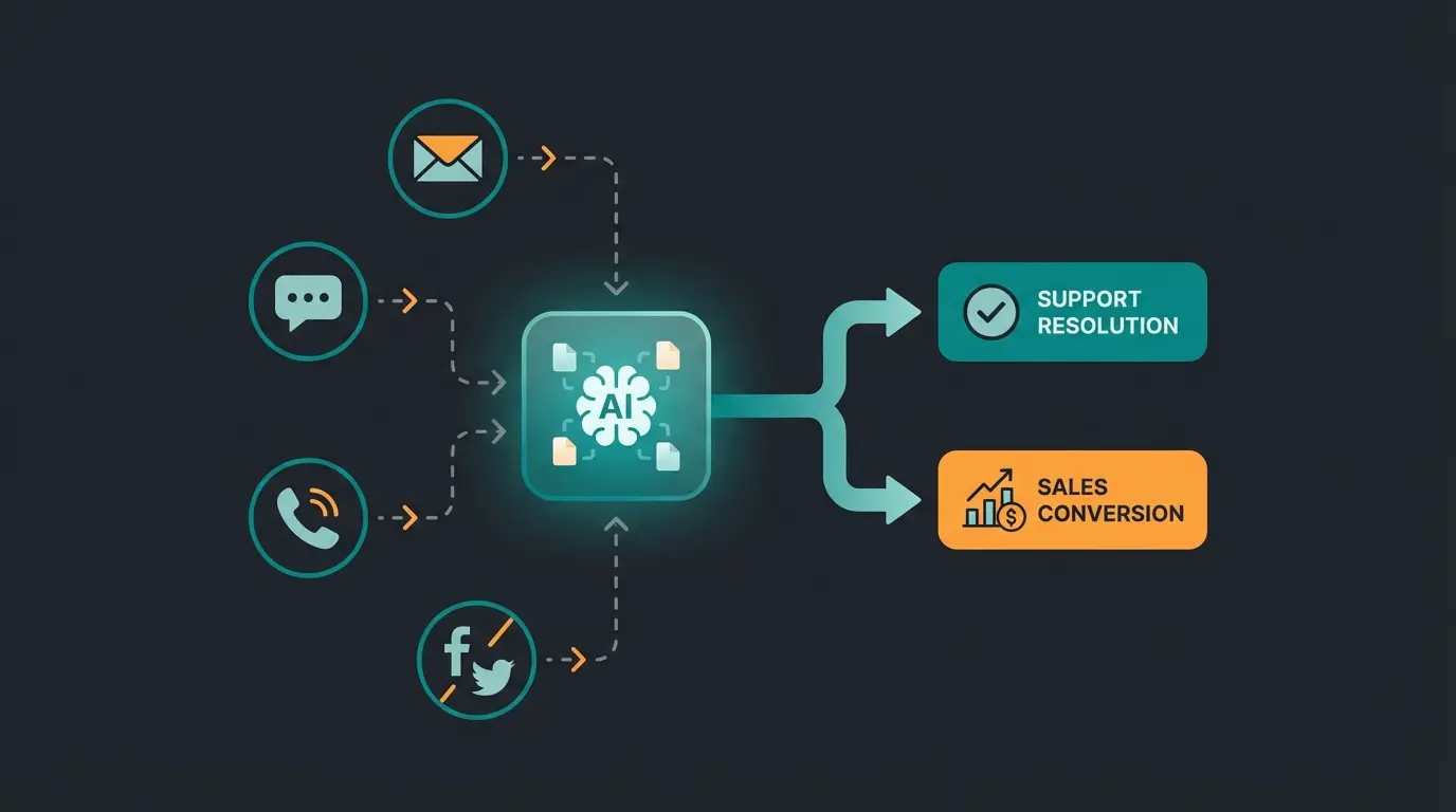 Customer Dialogue Hub visualization showing omnichannel integration and AI-powered routing
