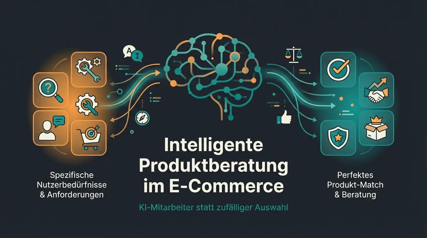 Illustration eines digitalen KI-Assistenten, der Produkte basierend auf Kundenbedürfnissen filtert