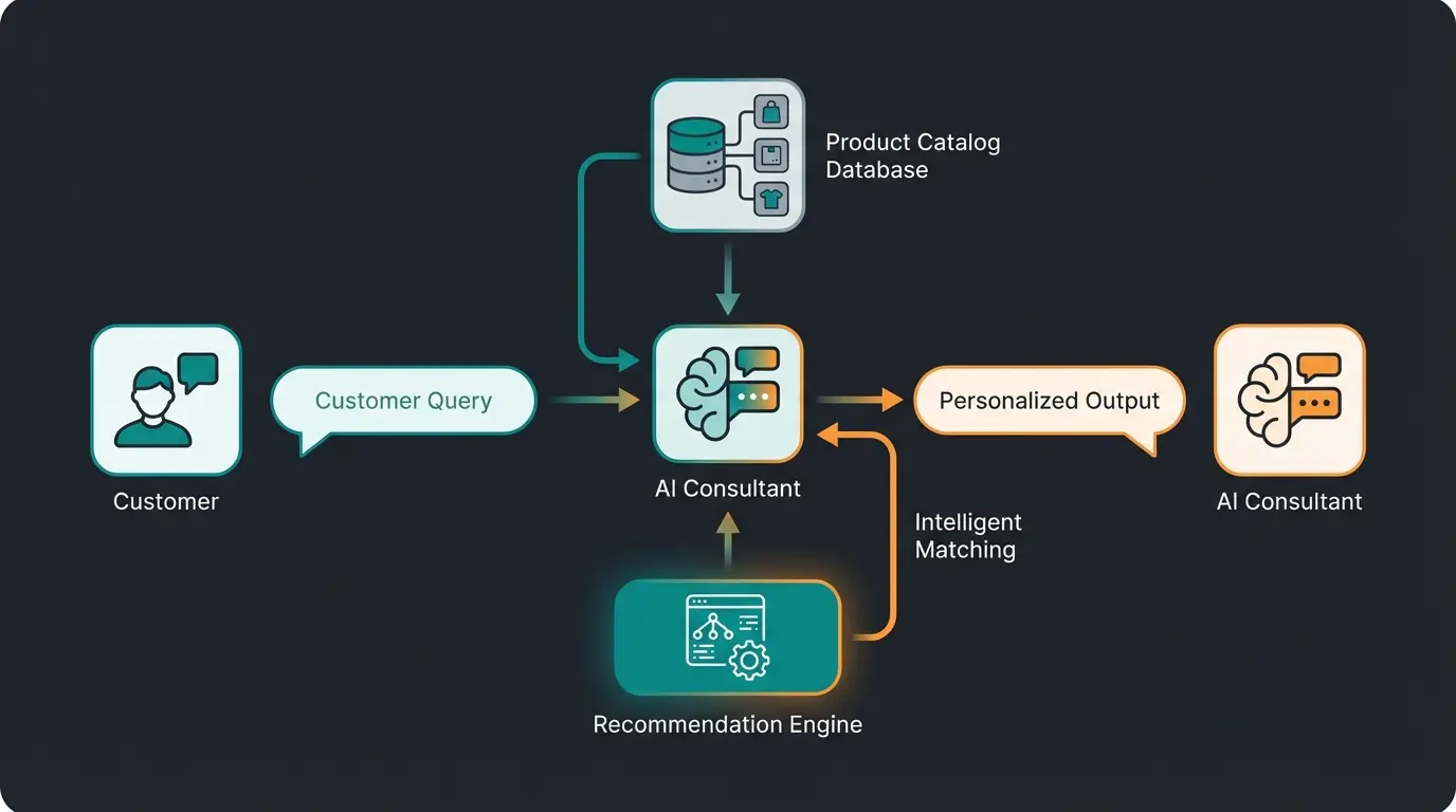 AI-powered product consultation workflow showing customer interaction and intelligent recommendations