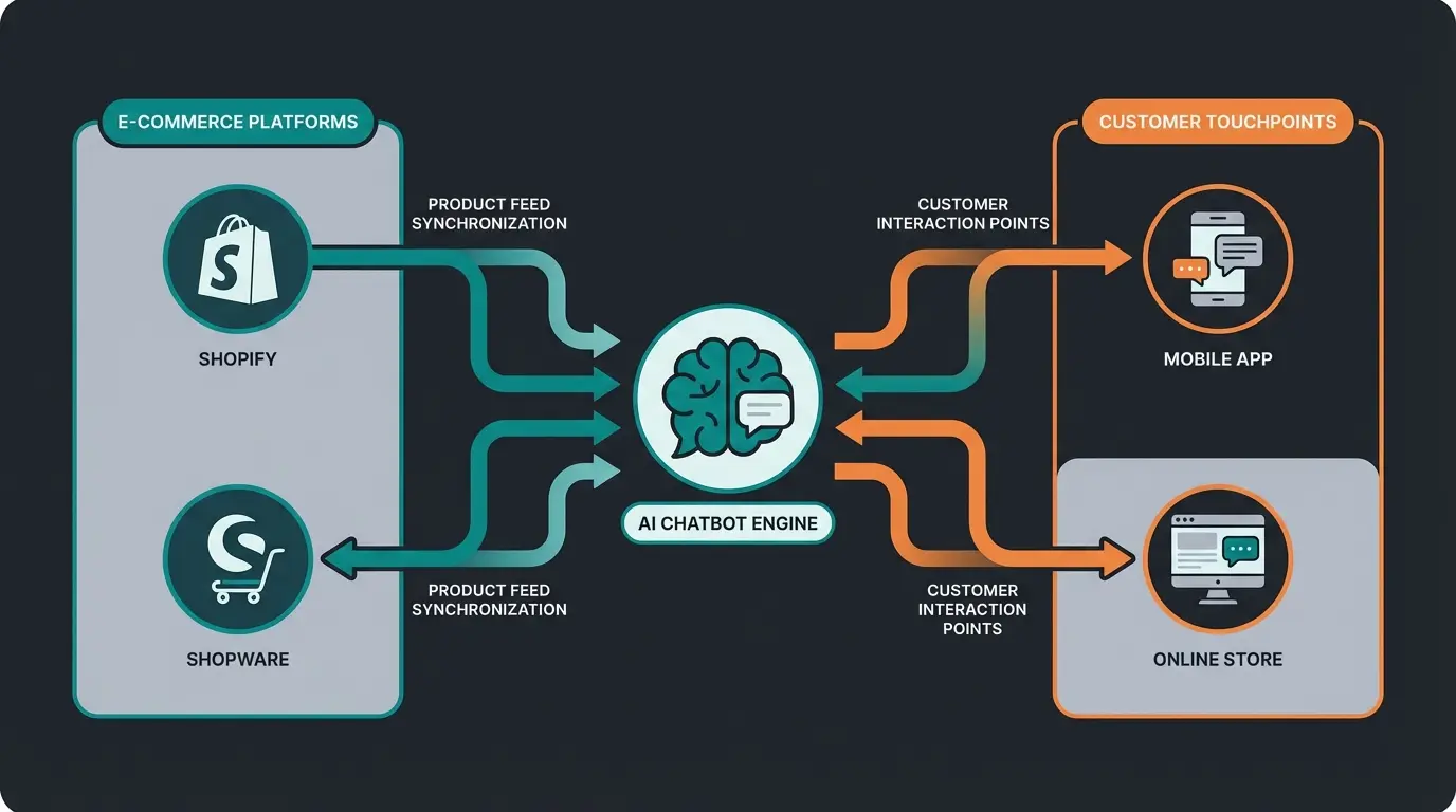 Infografik zeigt die Integration von KI-Beratung in verschiedene Shop-Systeme