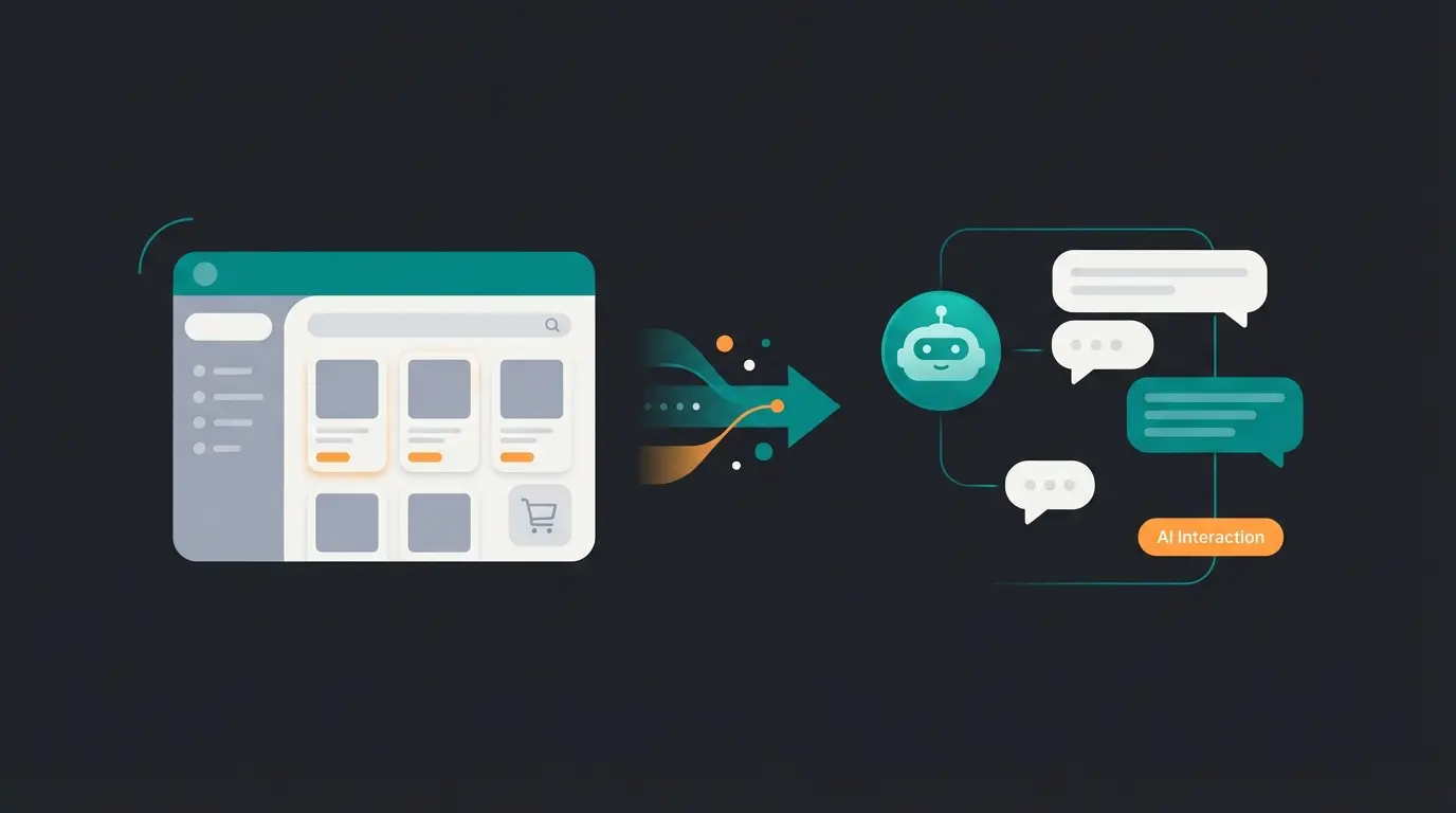 Illustration showing an e-commerce store evolving from static catalog to AI-powered customer interaction