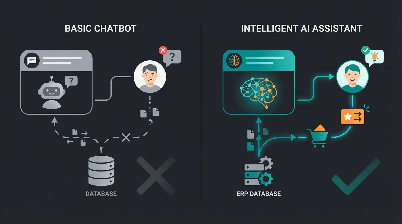 Vergleich zwischen simplem Chatbot und intelligenter KI-Beratung mit ERP-Daten