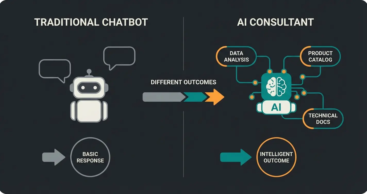 Comparison diagram showing FAQ bot versus AI consultant capabilities in B2B e-commerce