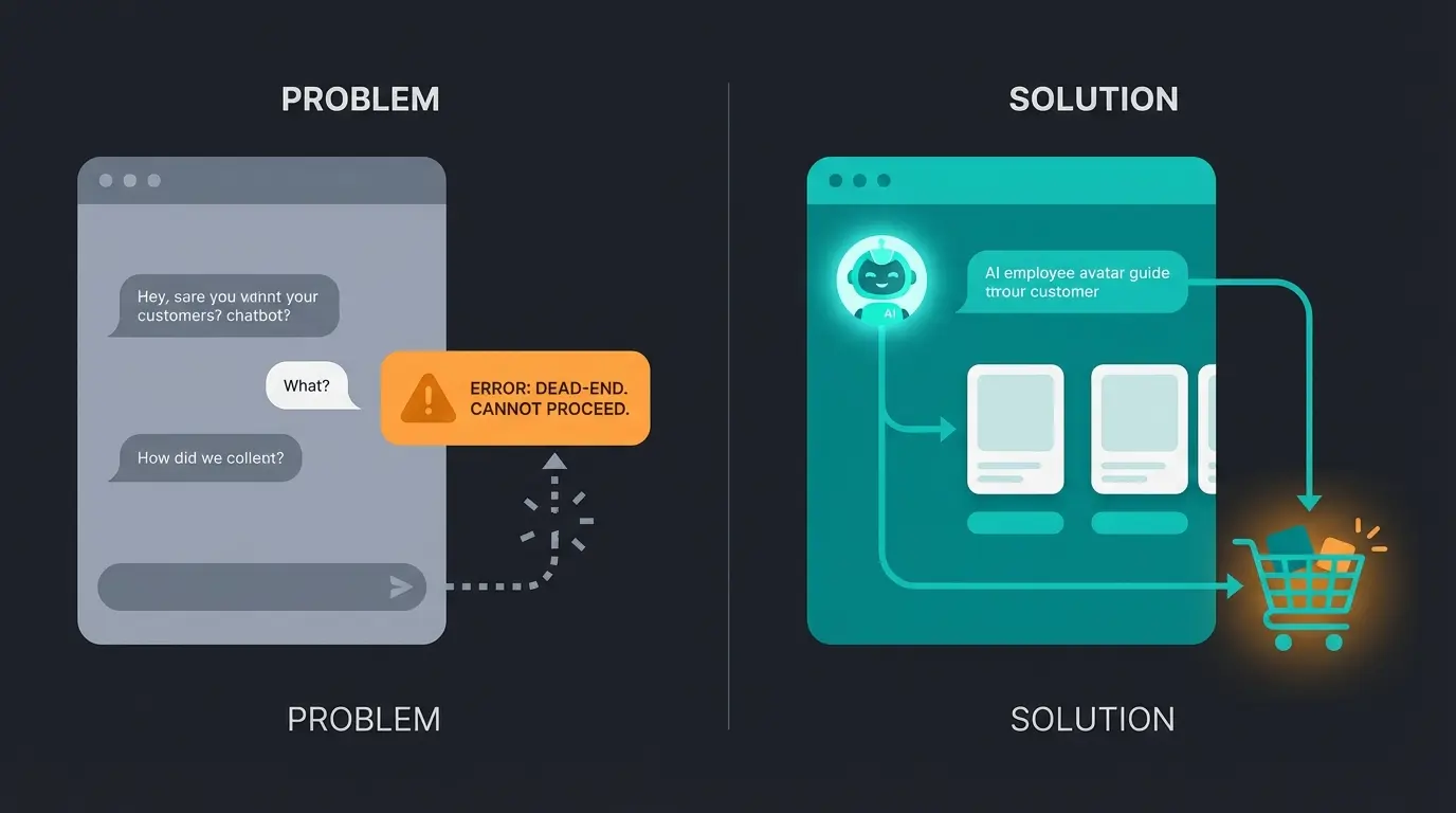 Comparison showing a chatbot conversation hitting a dead end versus an AI employee successfully guiding product consultation