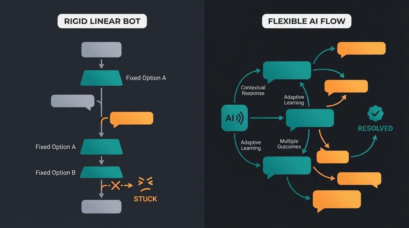Vergleich zwischen linearem Chatbot-Dialog und adaptivem Conversational AI-Gespräch