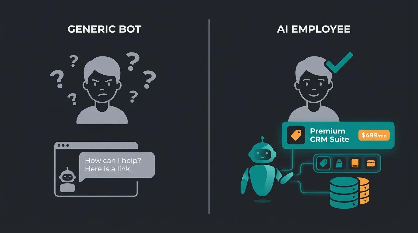 Comparison of FAQ bot delivering generic answers versus AI employee with product data integration delivering specific product recommendations
