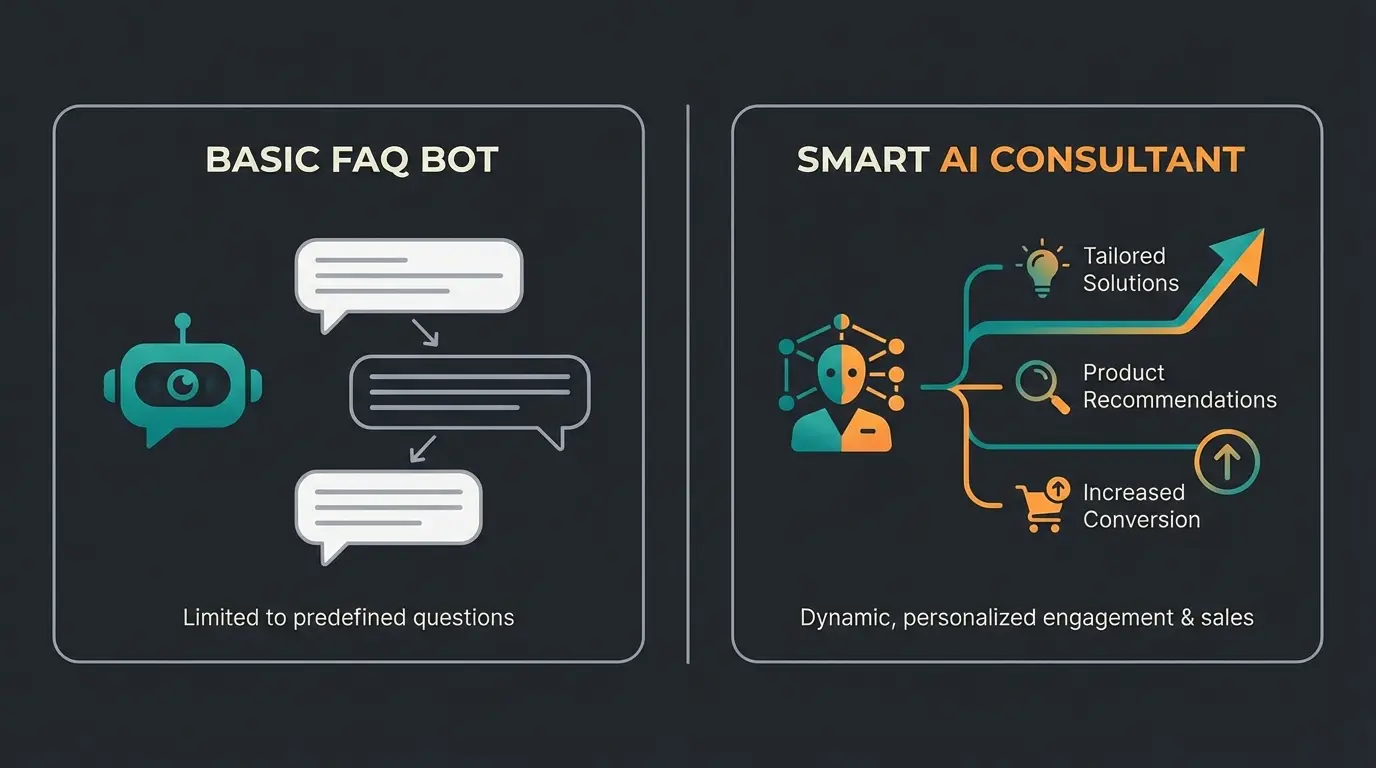 Comparison diagram showing traditional chatbot versus AI product consultant capabilities