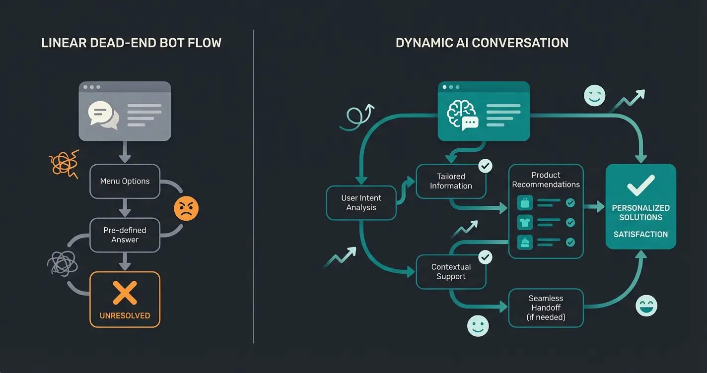 Vergleich zwischen statischem Chatbot und intelligenter KI-Beratung im Ablauf