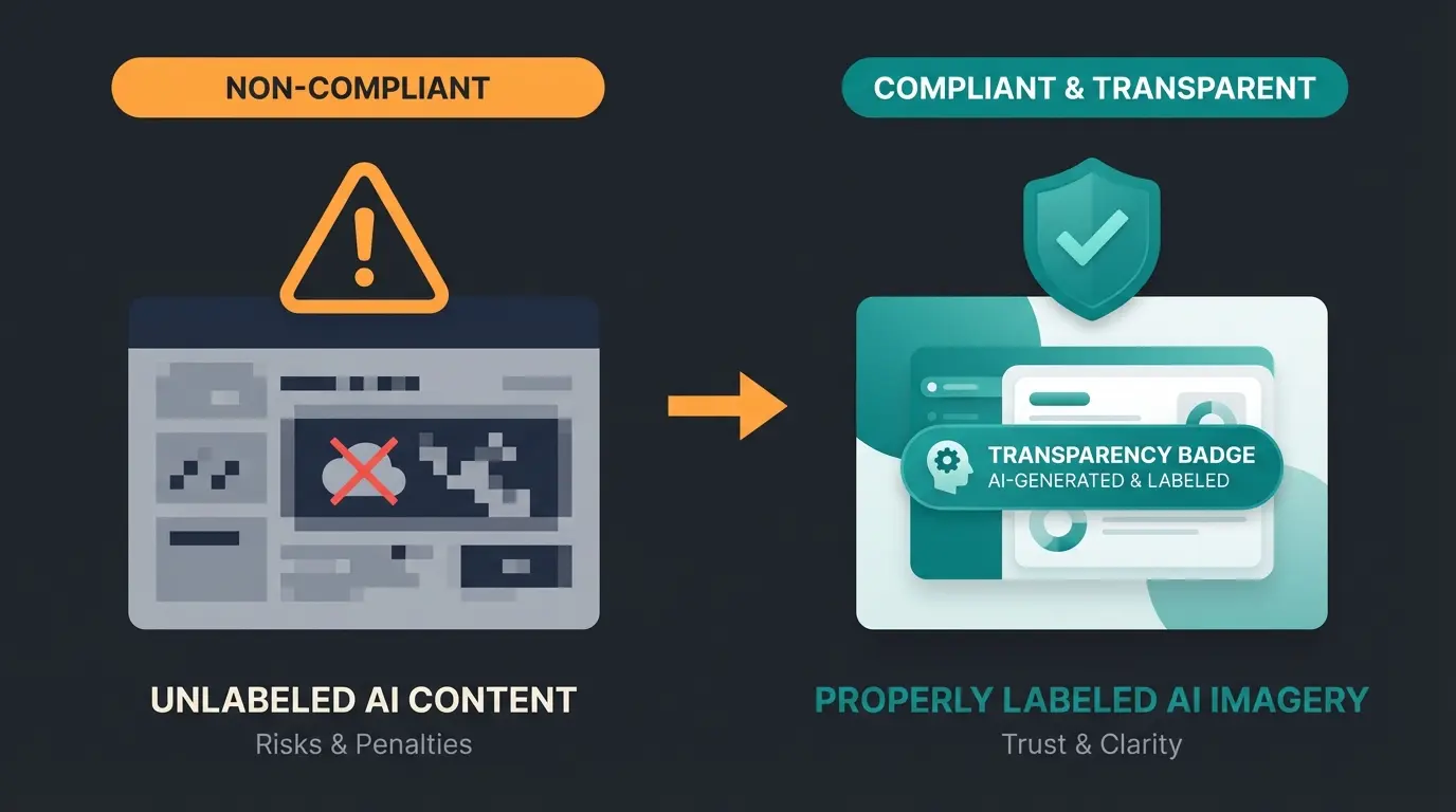 Comparison of labeled vs unlabeled AI-generated content showing compliance differences