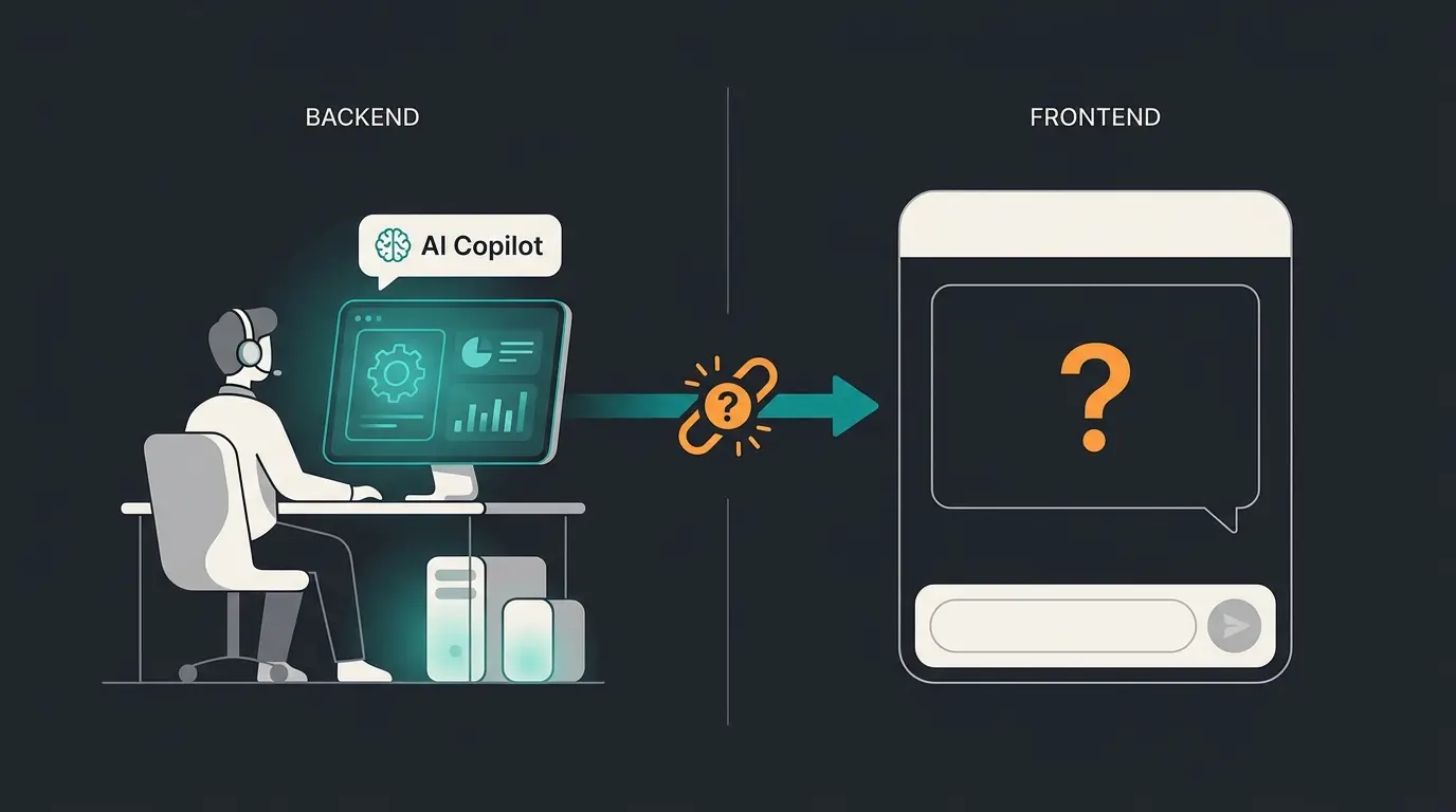 Illustration showing Shopware AI Copilot helping merchants on the backend while the customer-facing consultation remains empty