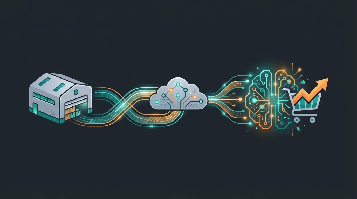 Future of e-commerce showing connected warehouse and AI sales systems