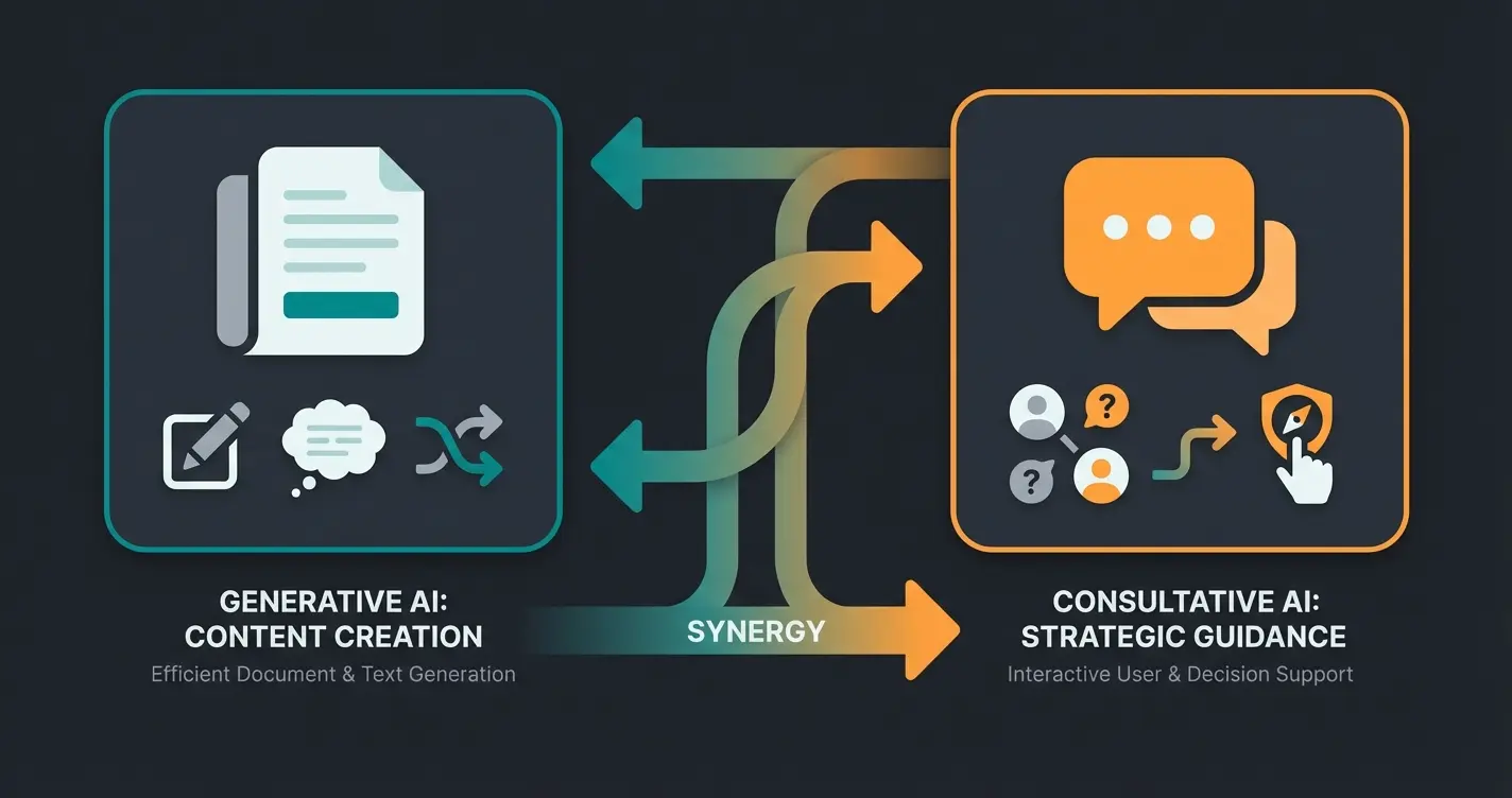 Comparison diagram showing Generative AI vs Consultative AI in e-commerce SEO