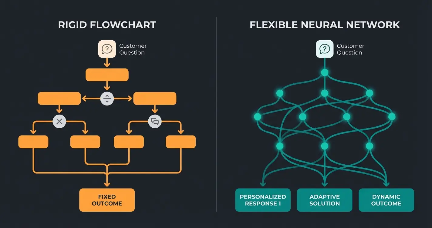 Vergleich regelbasierter Chatbot und KI-Chatbot: starre Entscheidungsbäume vs. flexibles neuronales Netzwerk