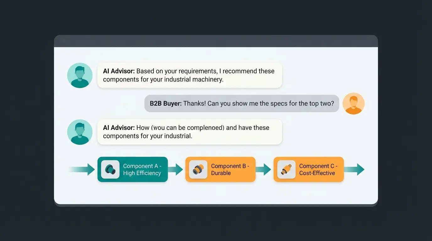 AI-powered product consultation interface showing a B2B buyer interacting with an AI employee for component selection