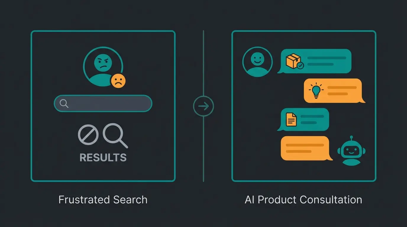 Vergleich zwischen klassischer Suche mit 0 Ergebnissen und KI-gestützter Produktberatung
