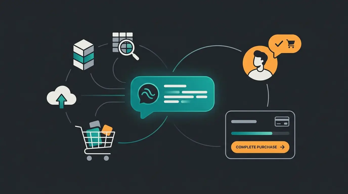 Illustration eines KI-Mitarbeiters, der Kunden im Checkout-Prozess berät