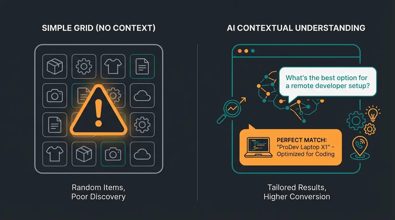 Comparison visualization showing standard rule-based cross-selling versus AI-driven contextual recommendations