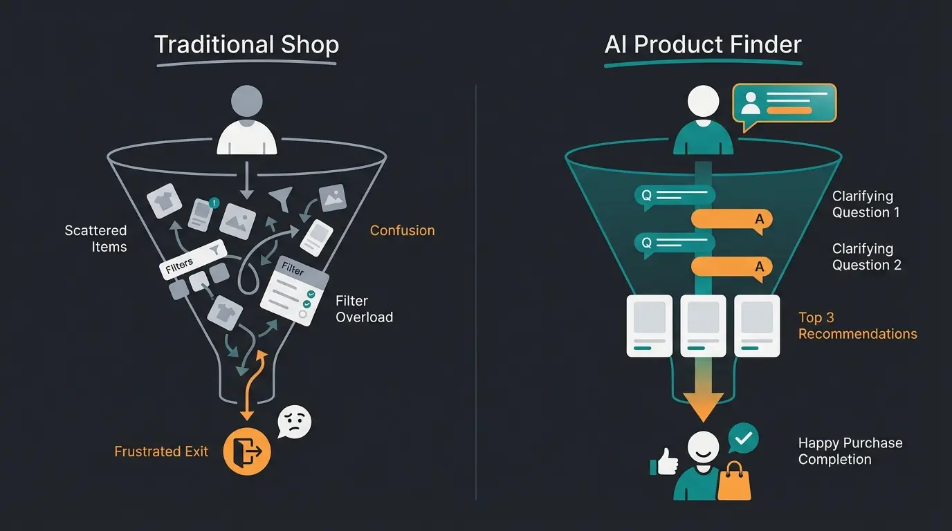 Infographic showing the conversion funnel comparison between standard e-commerce and AI product finder