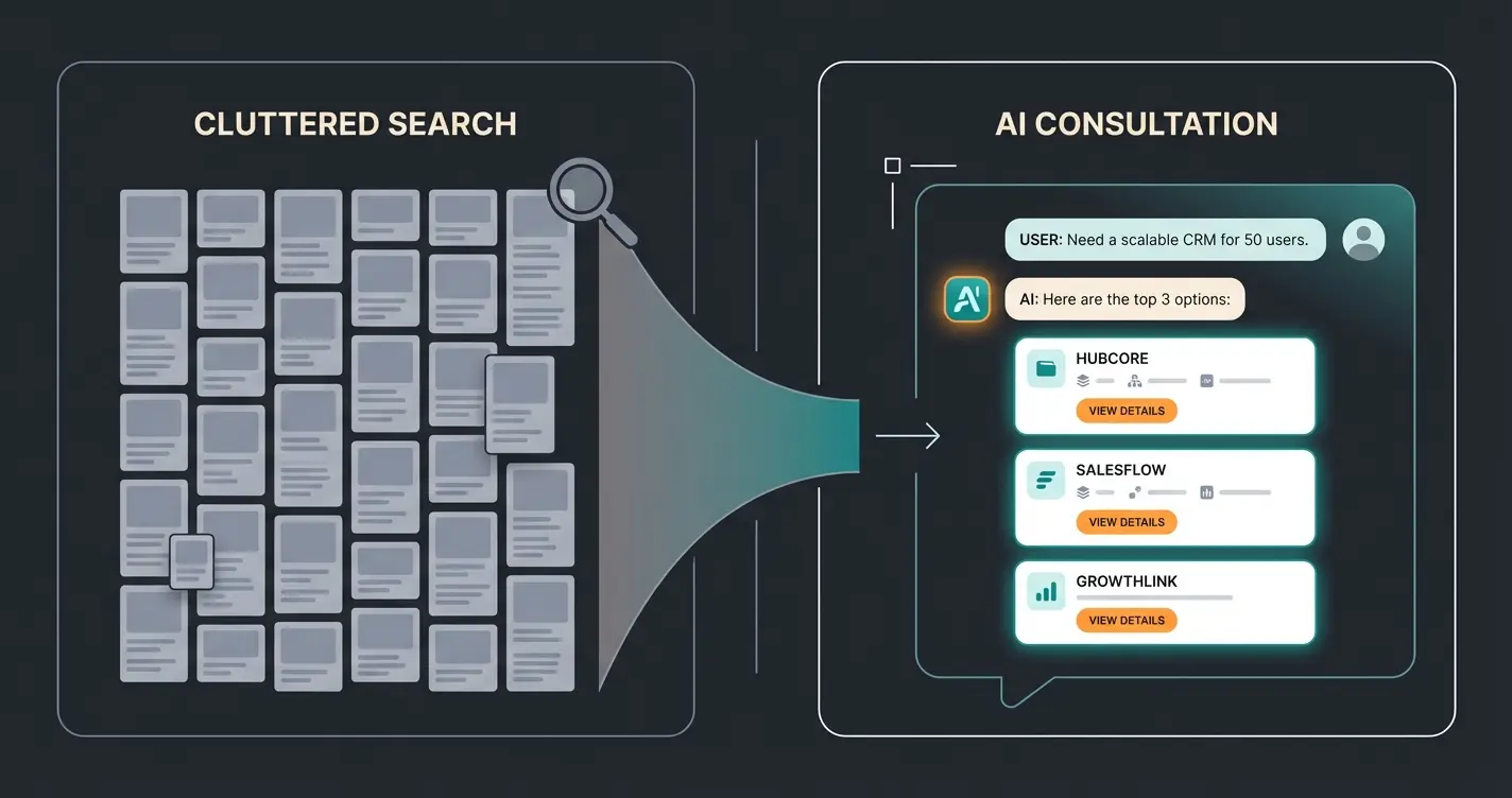 Standard search showing hundreds of results compared to AI consultation recommending three targeted products
