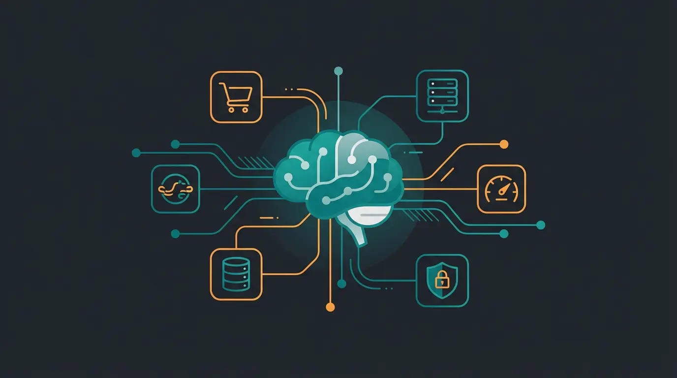 Abstract visualization of AI-powered e-commerce infrastructure combining speed and intelligence