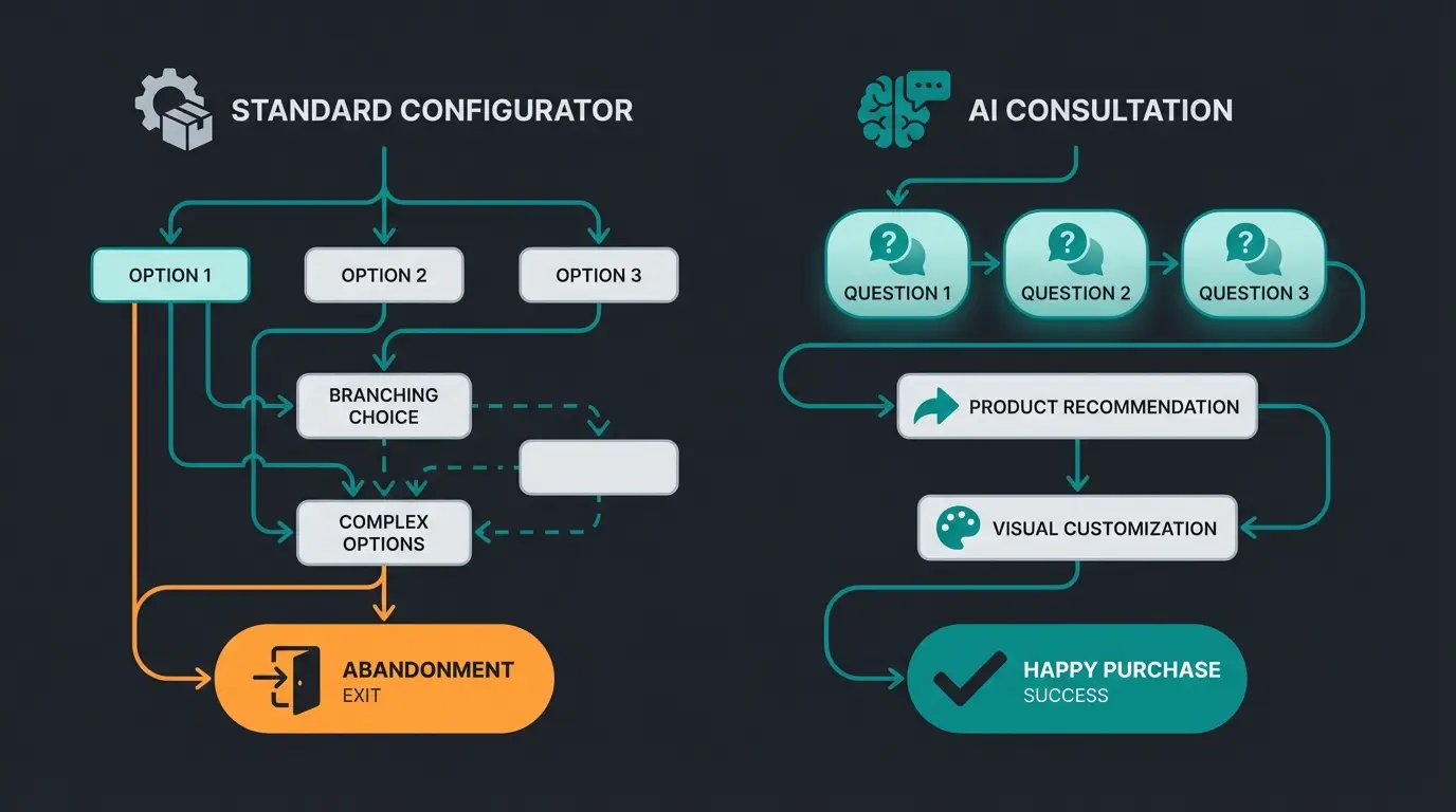 Decision flowchart showing customer journey through AI consultation to visual customization