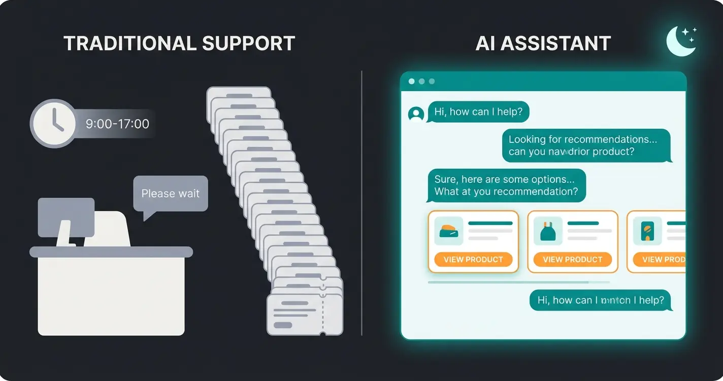 Vergleich Agentur-Support vs. KI-Mitarbeiter: reaktiver Ticketsupport während Geschäftszeiten versus proaktive AI-Beratung rund um die Uhr