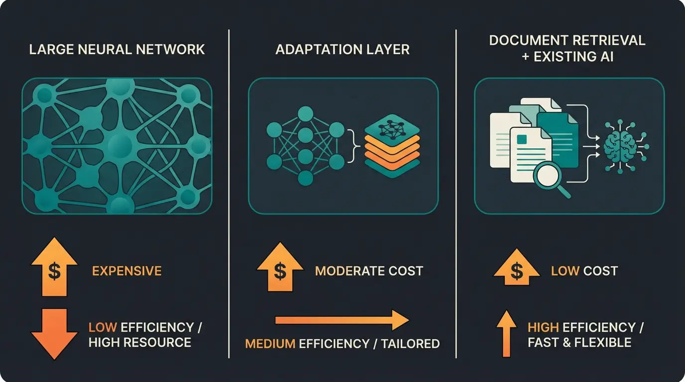 Comparison diagram showing full training versus fine-tuning versus RAG approaches for chatbot development