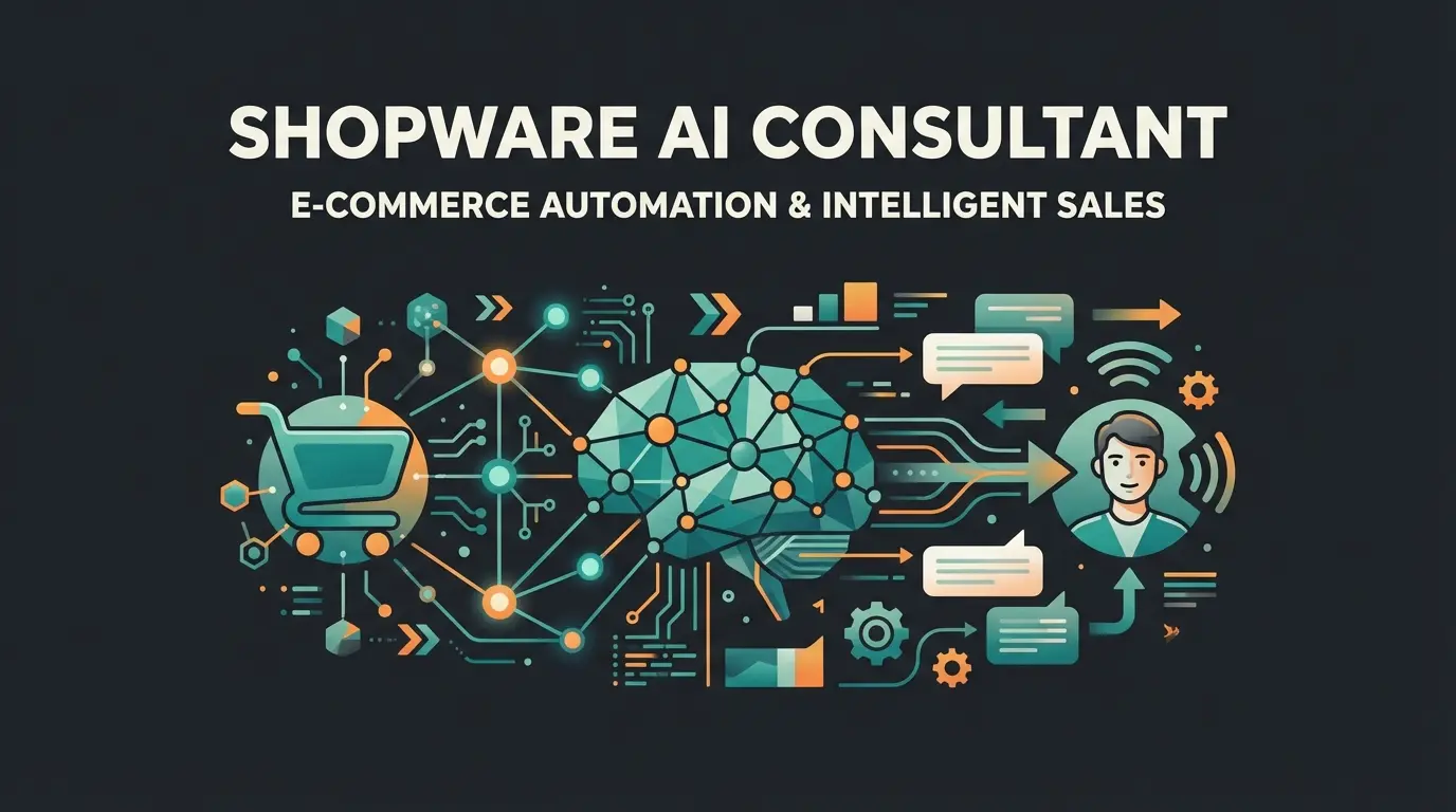 Shopware full service agency concept with AI product consultation visualization on dark background