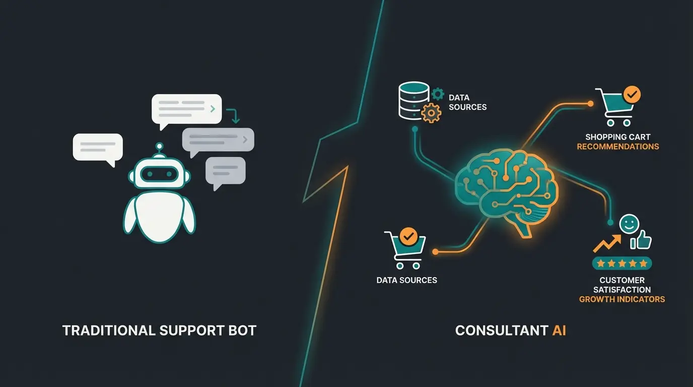 Comparison visualization between traditional support bot and modern consultant AI capabilities