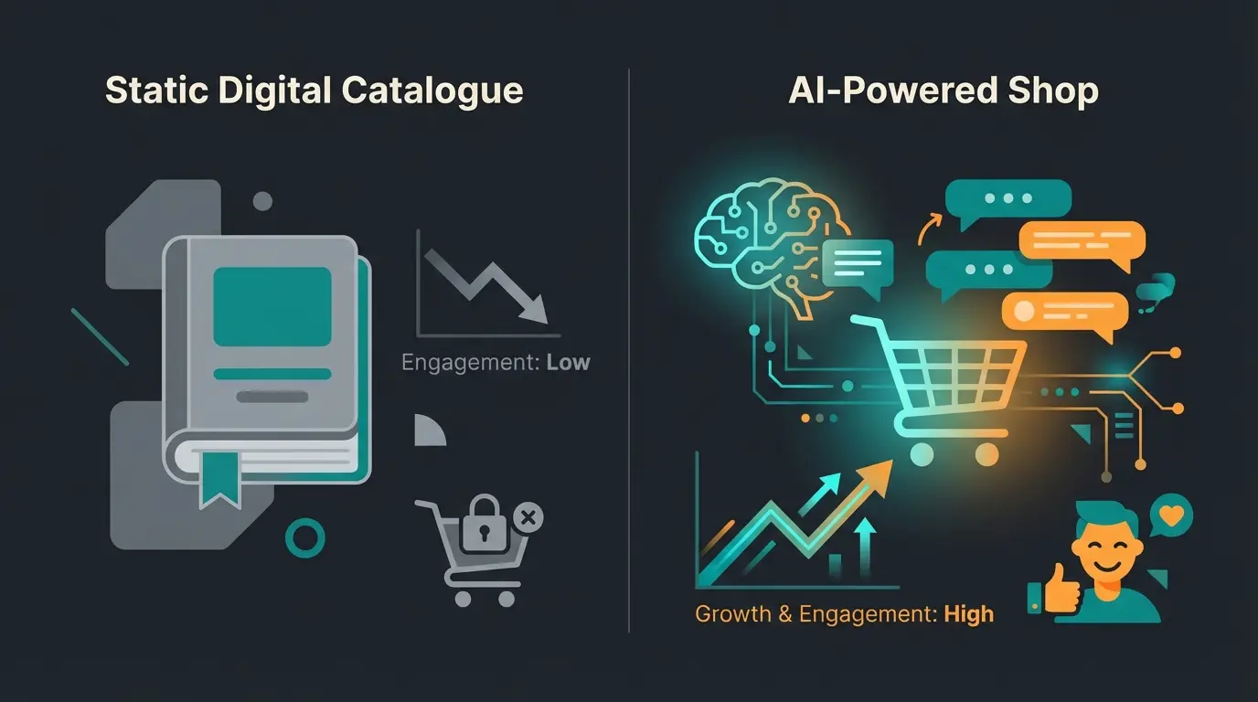 Vergleich zwischen statischem Online-Katalog und KI-gestuetztem Shopware Shop mit aktiver Beratung