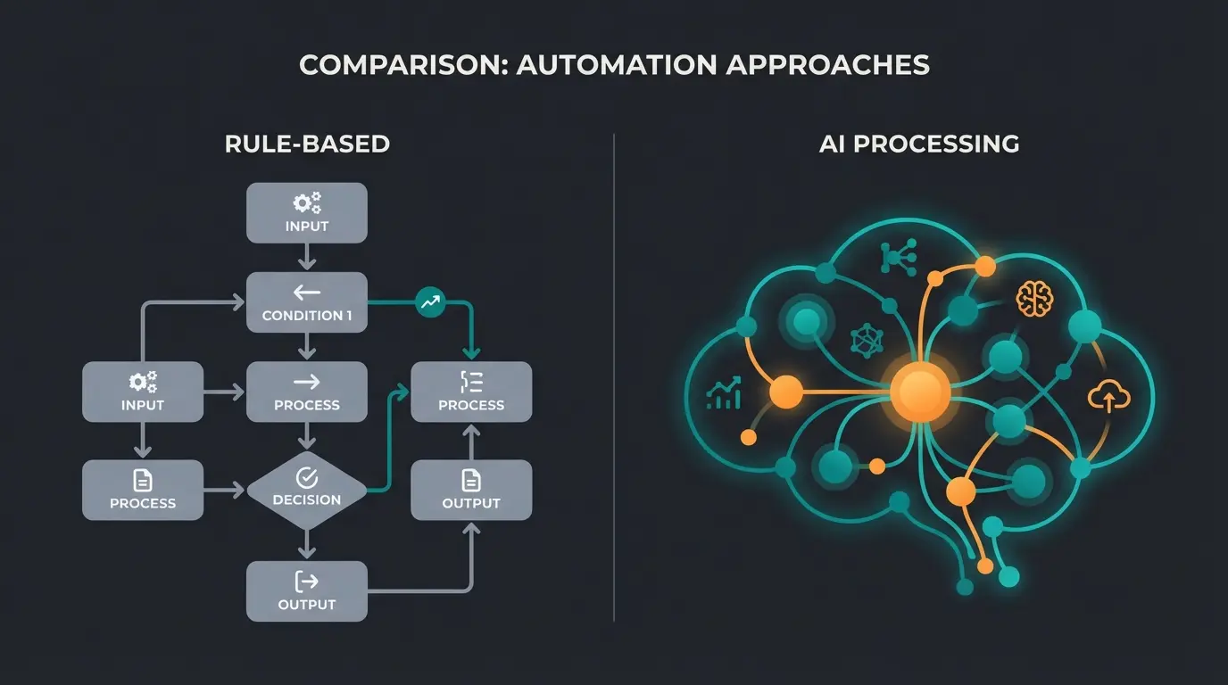 Illustration showing the difference between rule-based linear paths and AI neural network processing