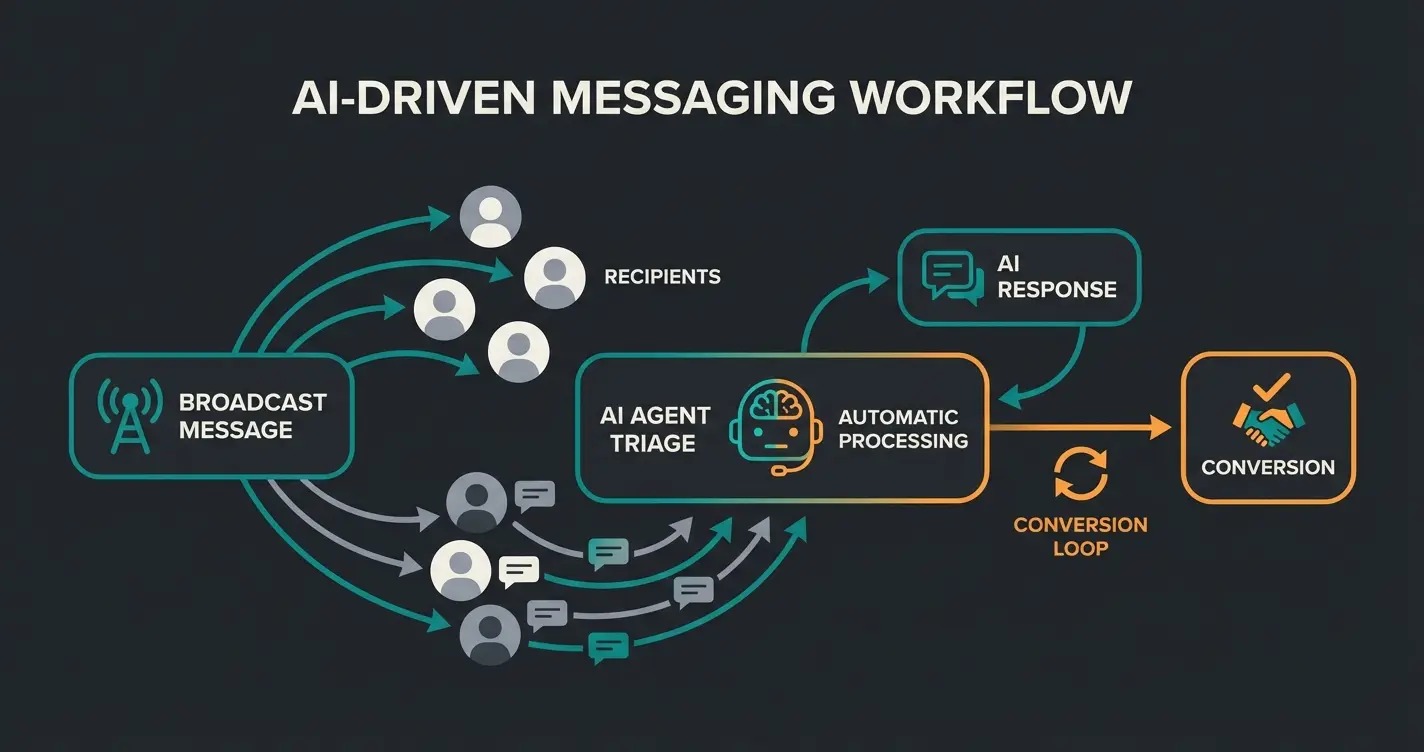 AI-powered WhatsApp Broadcast workflow: send, receive replies, auto-respond with AI employee