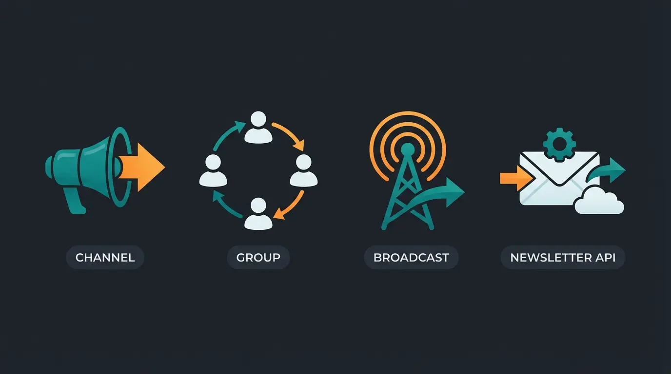 Vergleich der vier WhatsApp-Kommunikationsformate: Kanal, Gruppe, Broadcast und Newsletter