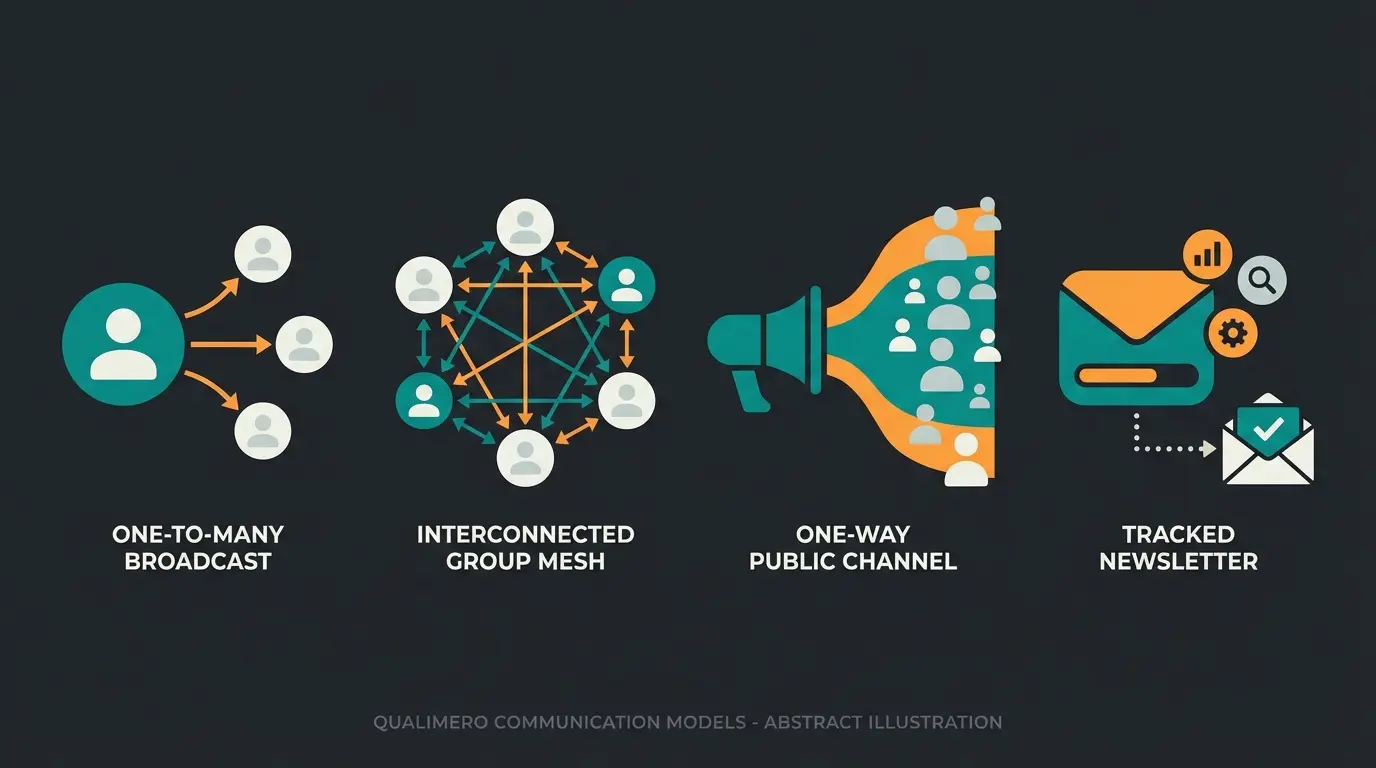Vergleich der vier WhatsApp-Kommunikationsmodelle: Broadcast, Gruppe, Kanal und Newsletter
