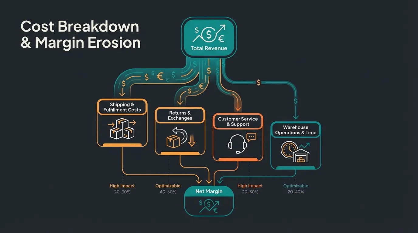 Visual breakdown of hidden costs in poor order management including returns processing and customer service burden
