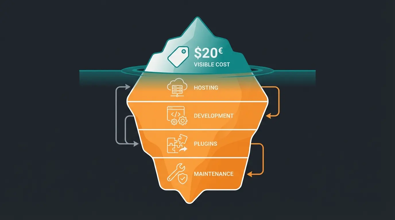 Cost iceberg showing Shopware license as visible tip with hidden costs like hosting, development, and maintenance below the surface