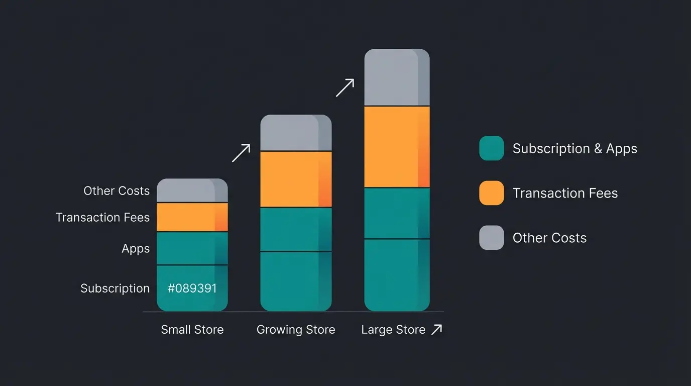 Total cost of ownership comparison for small, growing, and large Shopify stores showing cost breakdown by category