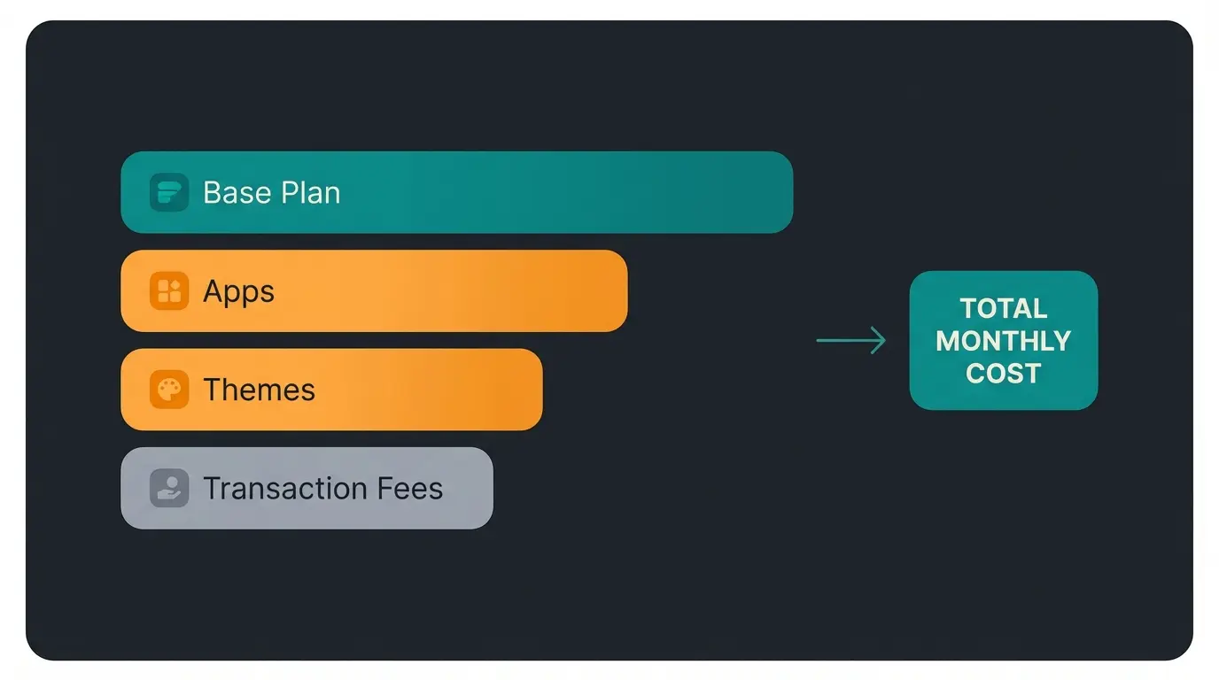 Shopify total cost of ownership breakdown showing plan fees, apps, themes, and transaction costs