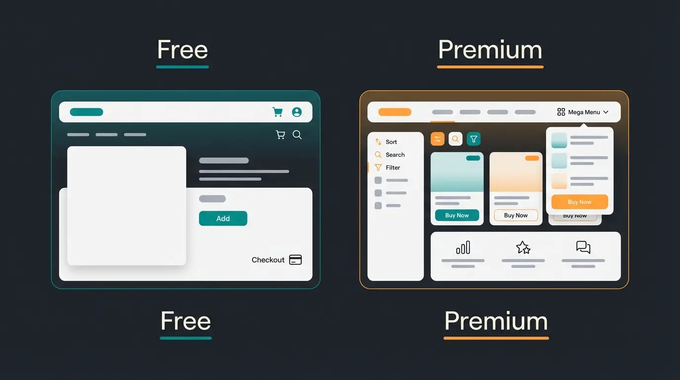 Visual comparison of Shopify free theme features versus premium theme features