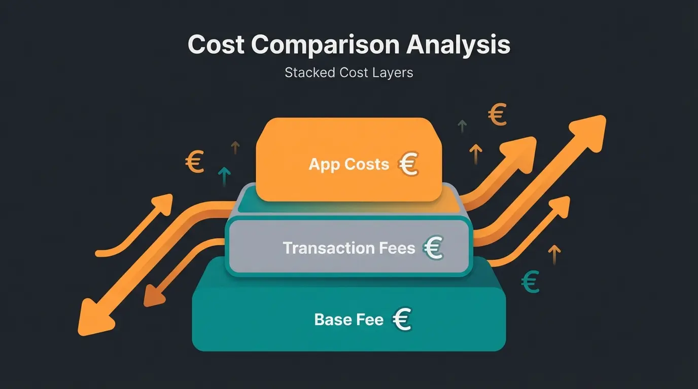 Shopify Kostenstruktur 2026 - Visualisierung der verschiedenen Kostenschichten von Grundgebuehr bis App-Kosten